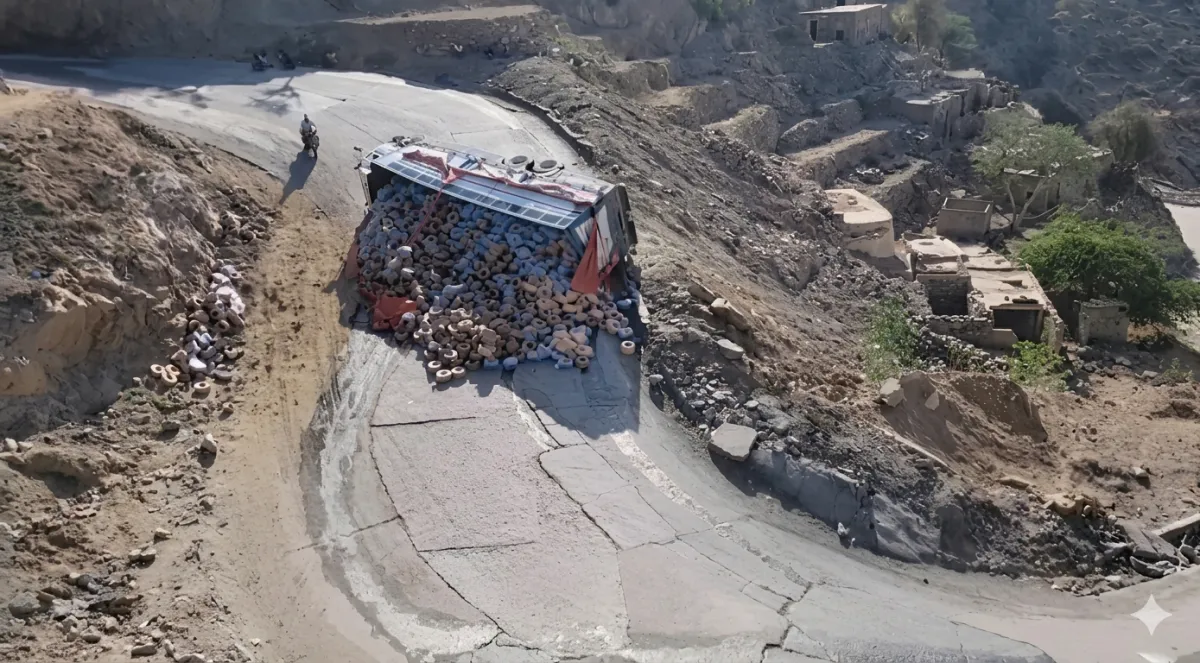 انقلاب شاحنتين يقطع طريق لحج–تعز